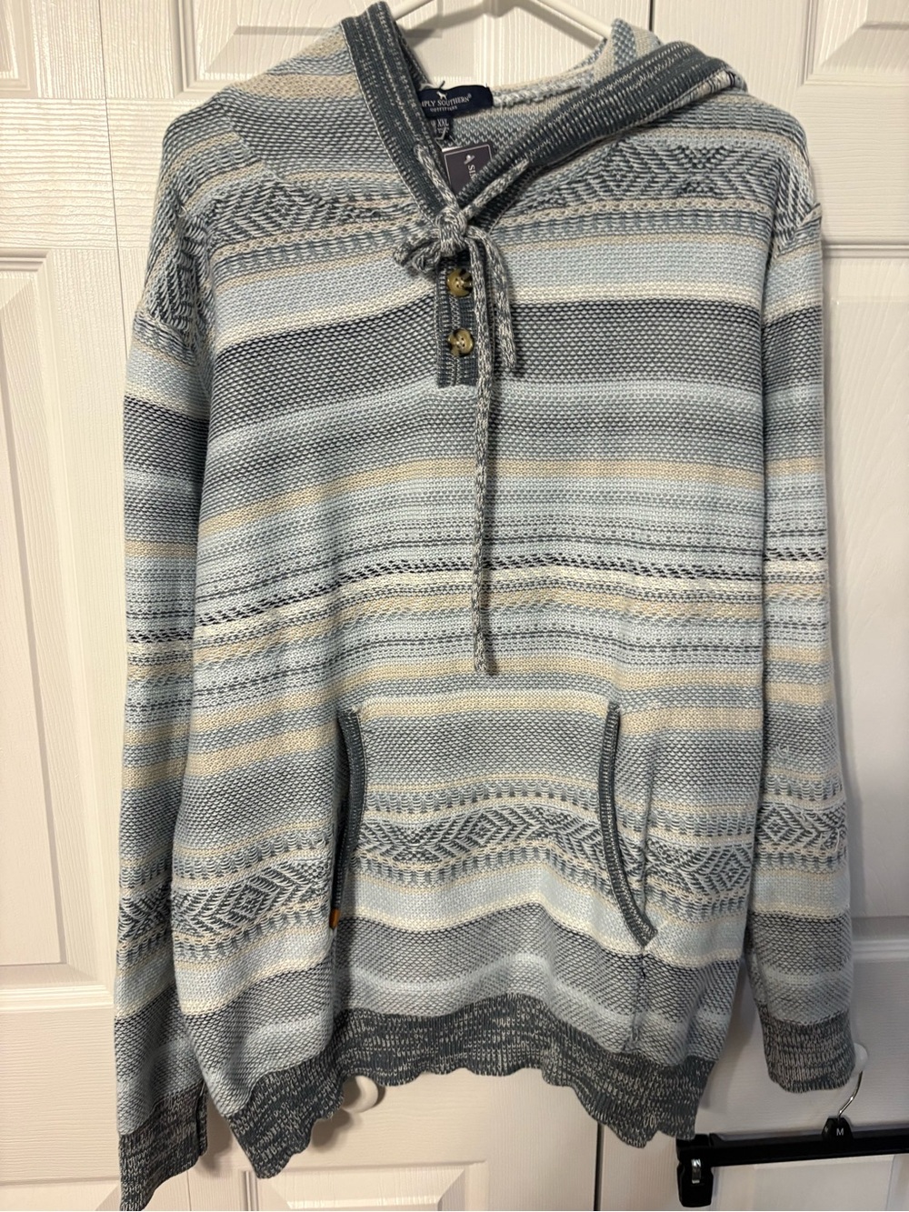 Simply Southern Light Blue & Cream Striped Knit Hoodie Sweater - Men